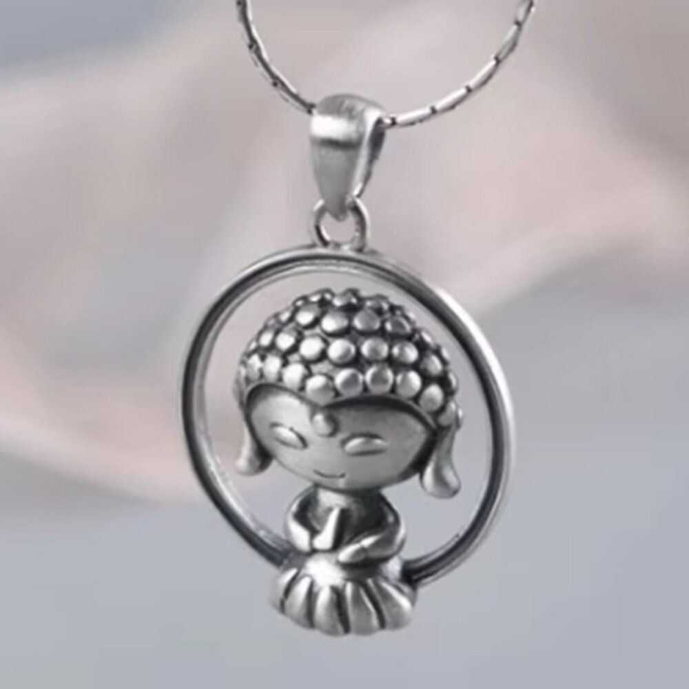 LITTLE BUDDHA CIRCLE PENDANT-Pure 925 Silver-Small-Tibet-Lotus-Osho-